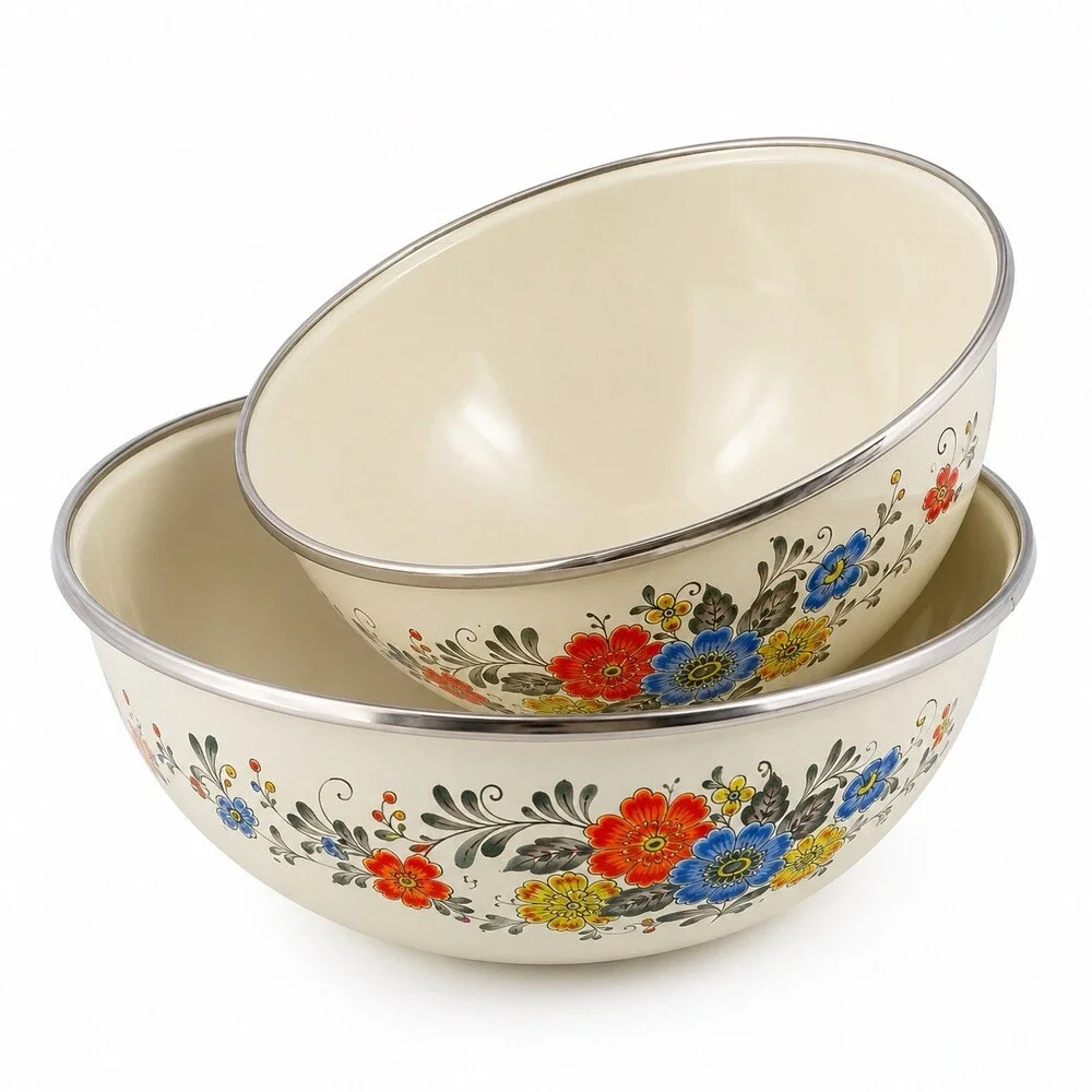 Vintage Kobe Kitchen Enamelware Nesting Bowls Set 2 Floral Japan Mixing
